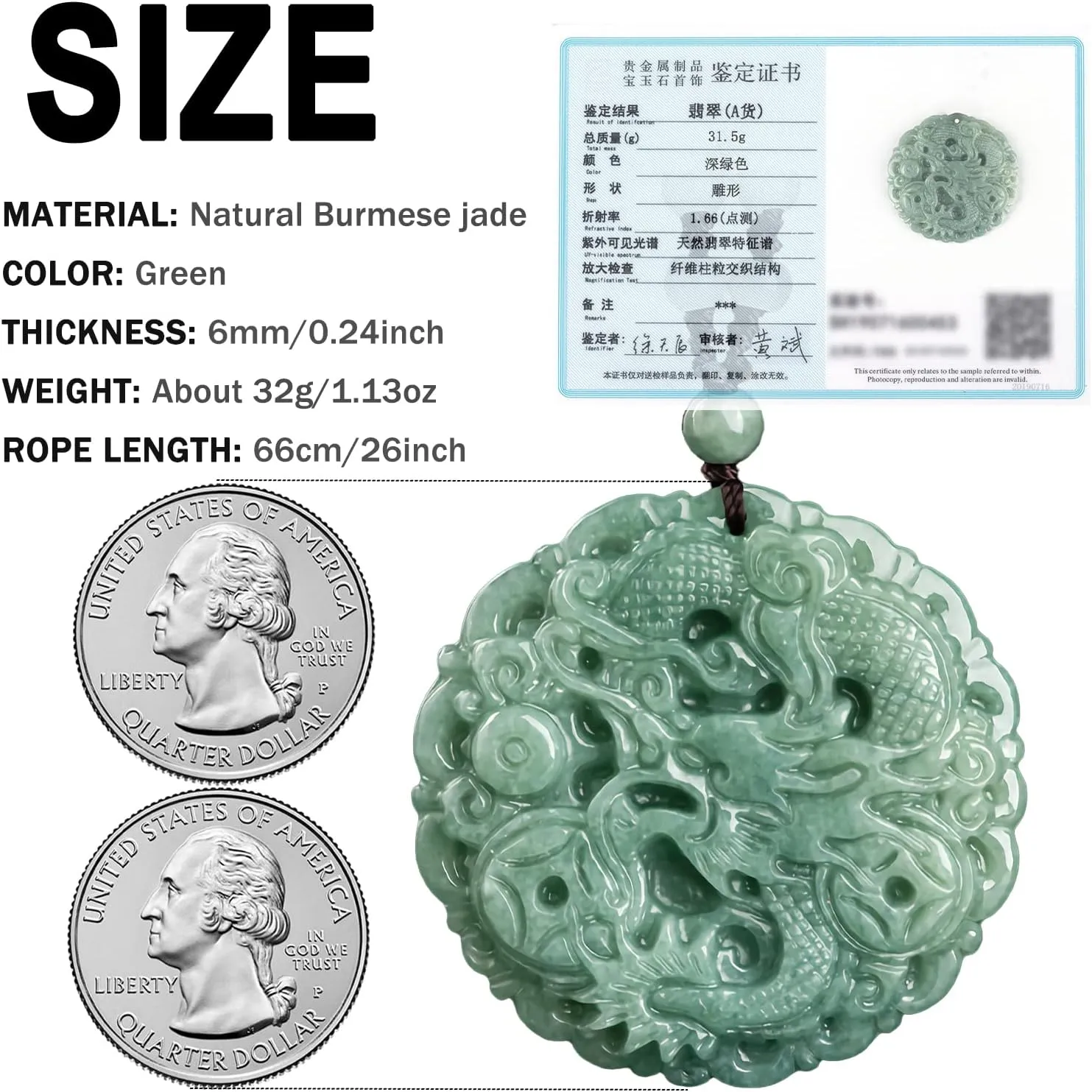 Jade Pendant Necklace for Men Women - Genuine Grade A Ice Jadite Healing Stone Necklace with Certificate