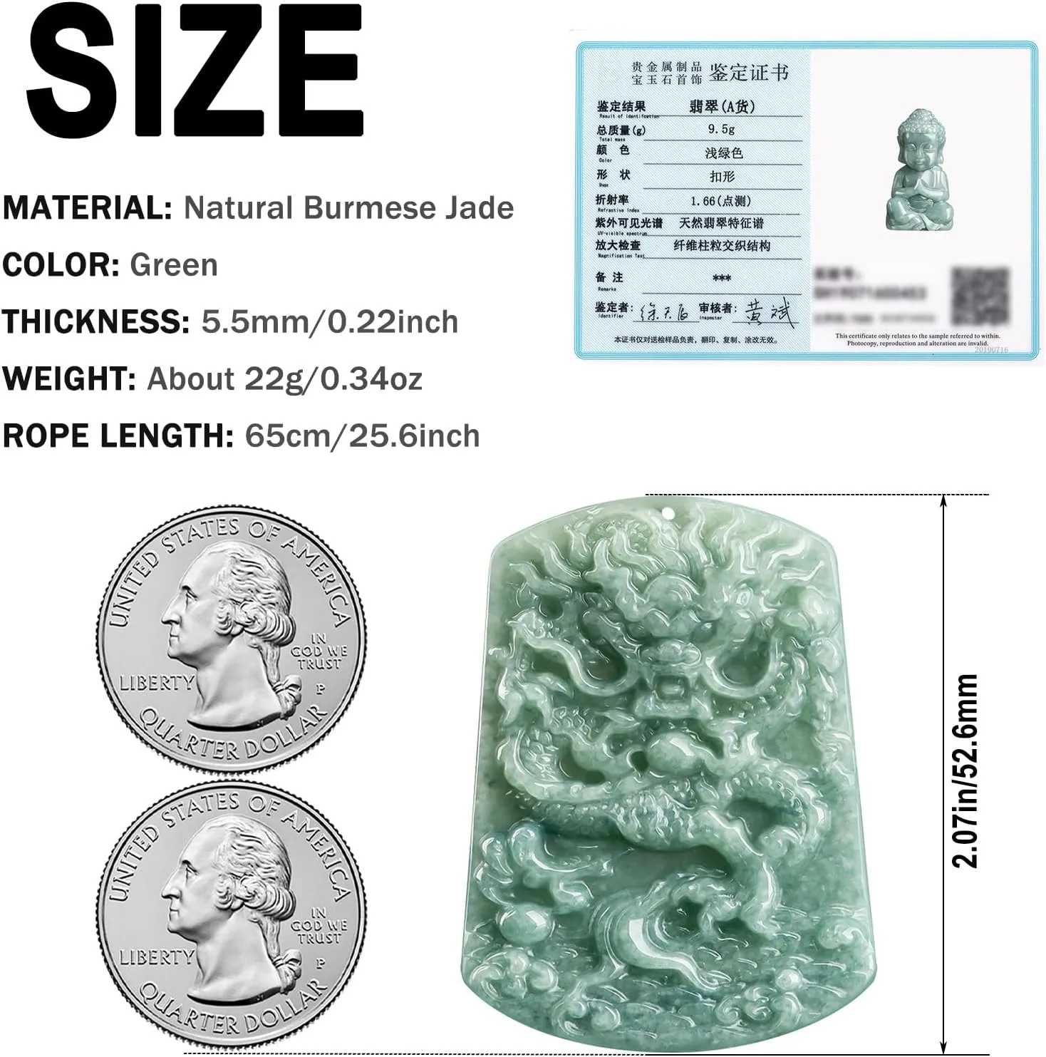 Jade Pendant Necklace for Men Women - Genuine Grade A Ice Jadite Healing Stone Necklace with Certificate