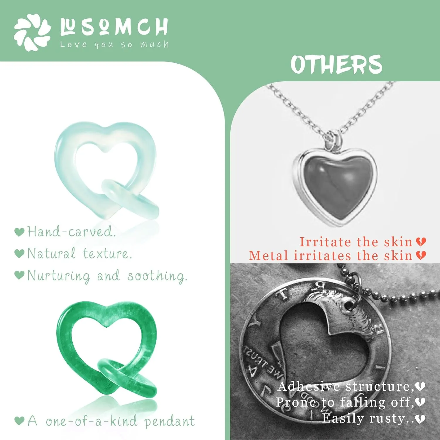 Jade Pendant Necklace Jewelry for Women Heart Pendant Necklace Simple Necklaces for Women Valentine's Day Gifts for Wife, Girlfriend, Mom or Lover