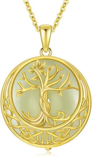 Jade Tree of Life Necklace 14k Gold Plated Sterling Silver Celtic Family Tree Jewelry Birthday Mothers Day Christmas Gifts for Women Mom Her