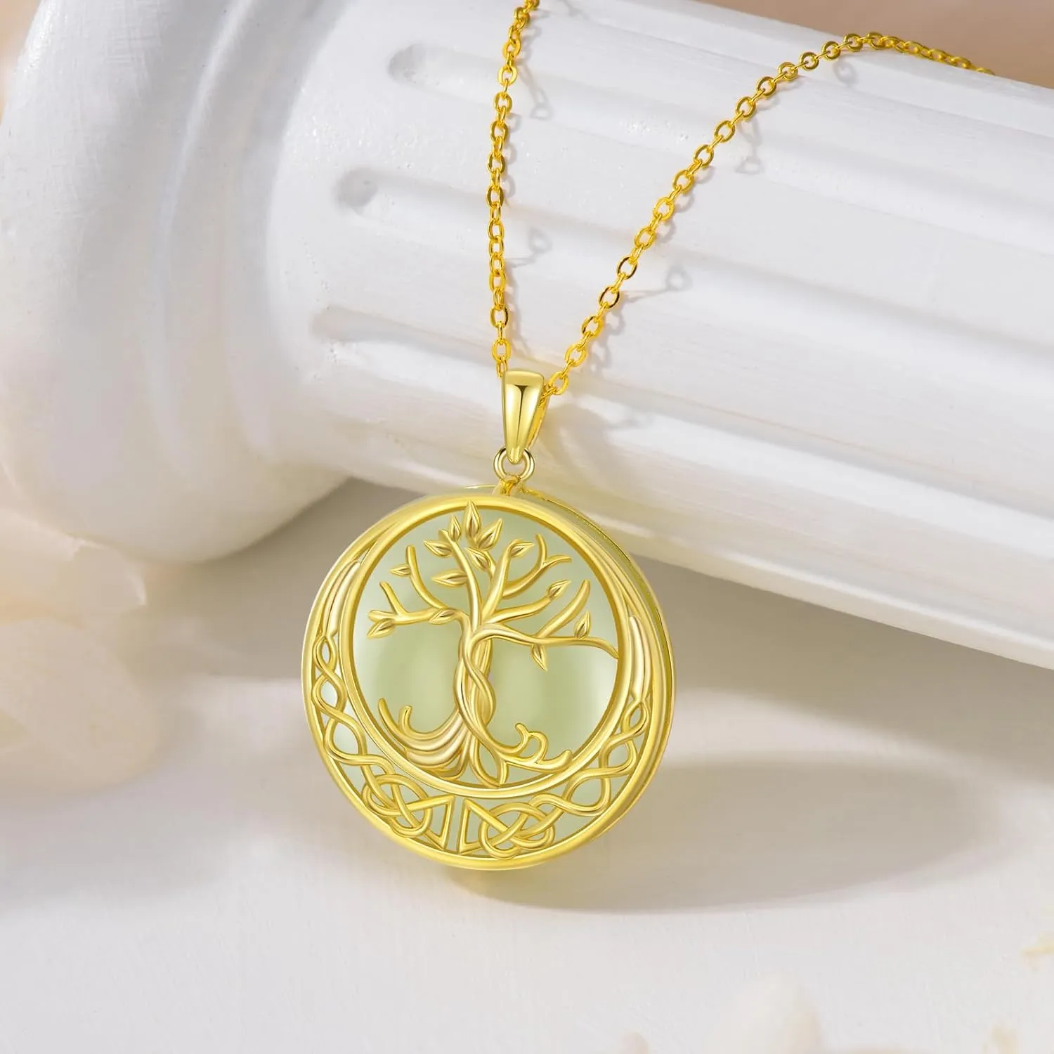 Jade Tree of Life Necklace 14k Gold Plated Sterling Silver Celtic Family Tree Jewelry Birthday Mothers Day Christmas Gifts for Women Mom Her