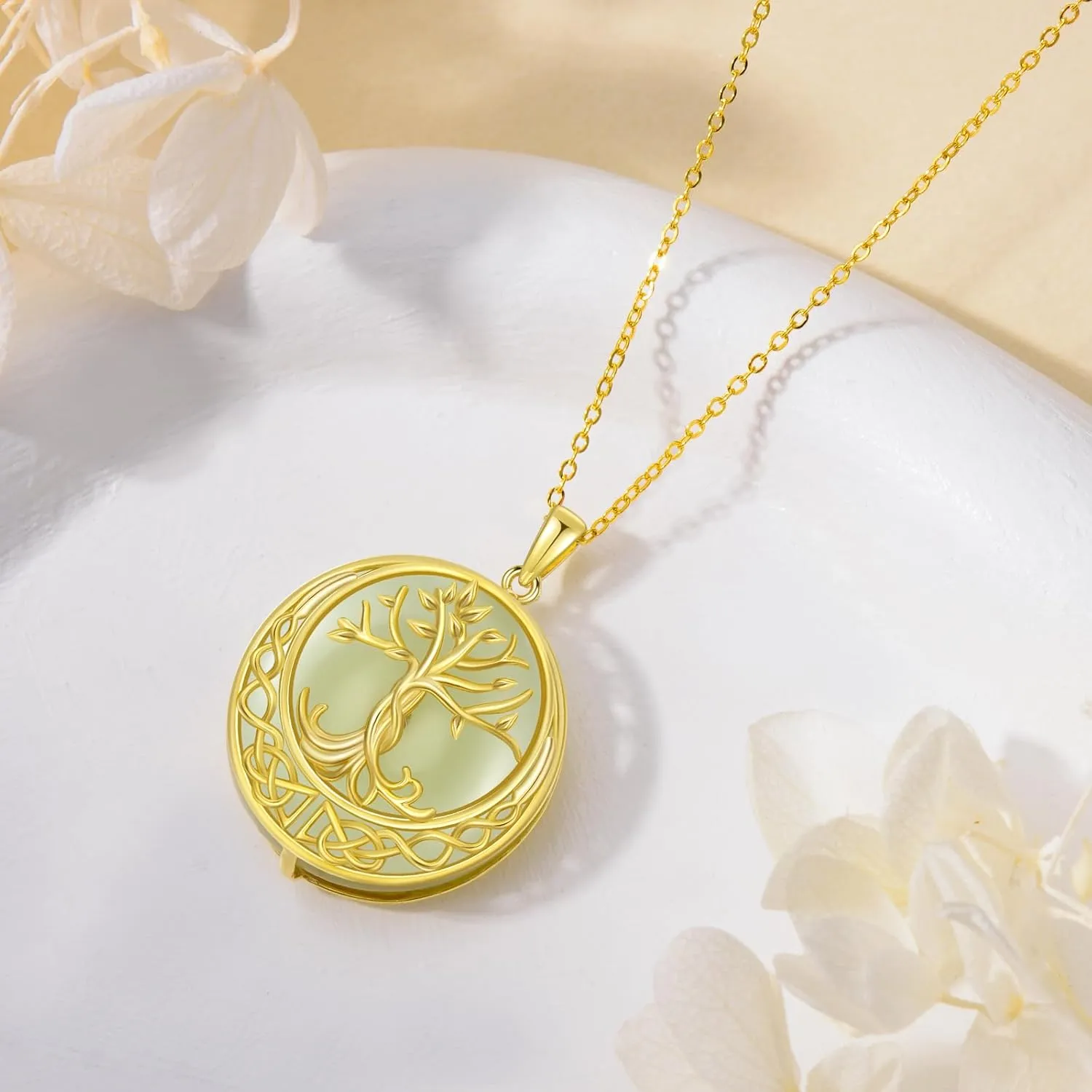 Jade Tree of Life Necklace 14k Gold Plated Sterling Silver Celtic Family Tree Jewelry Birthday Mothers Day Christmas Gifts for Women Mom Her