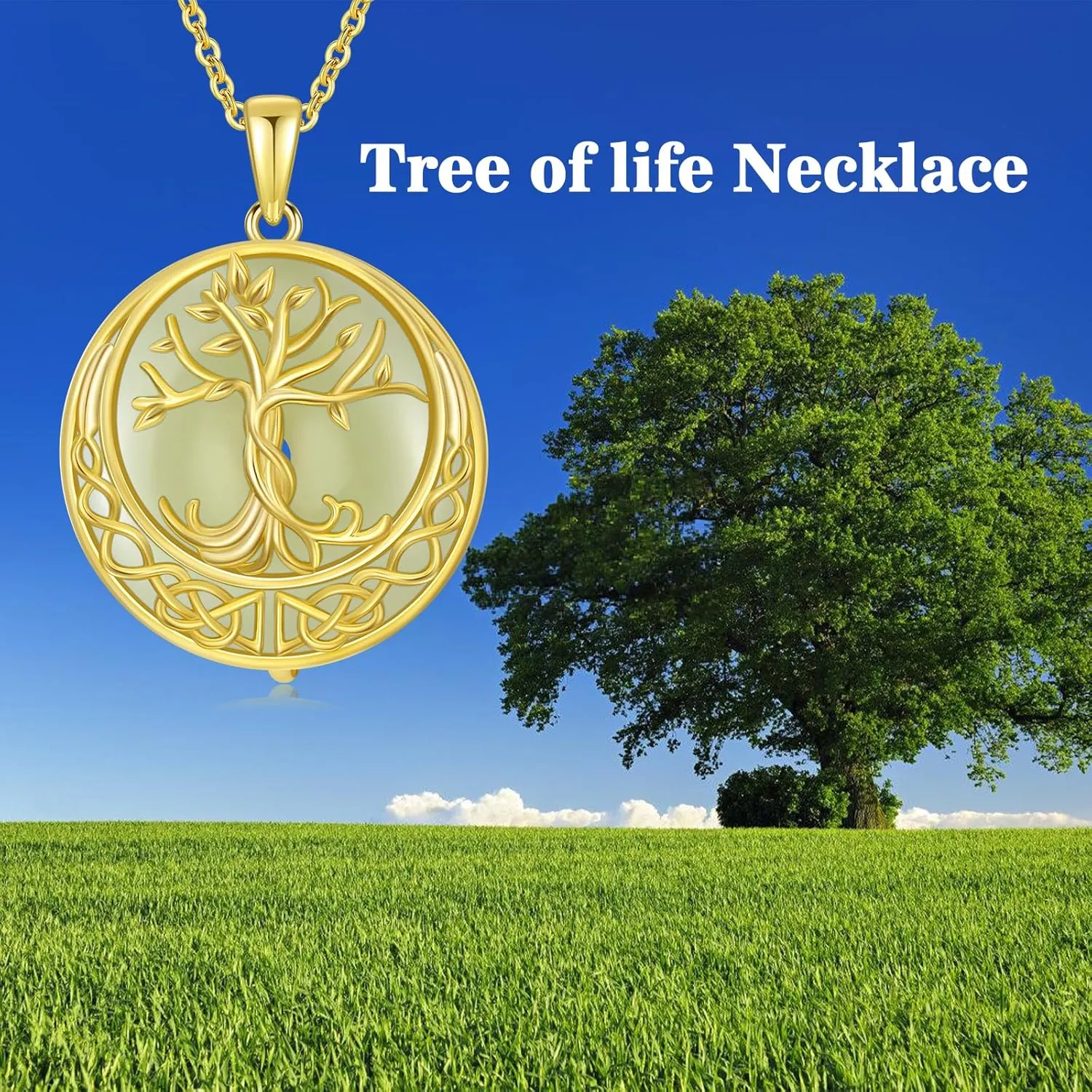 Jade Tree of Life Necklace 14k Gold Plated Sterling Silver Celtic Family Tree Jewelry Birthday Mothers Day Christmas Gifts for Women Mom Her