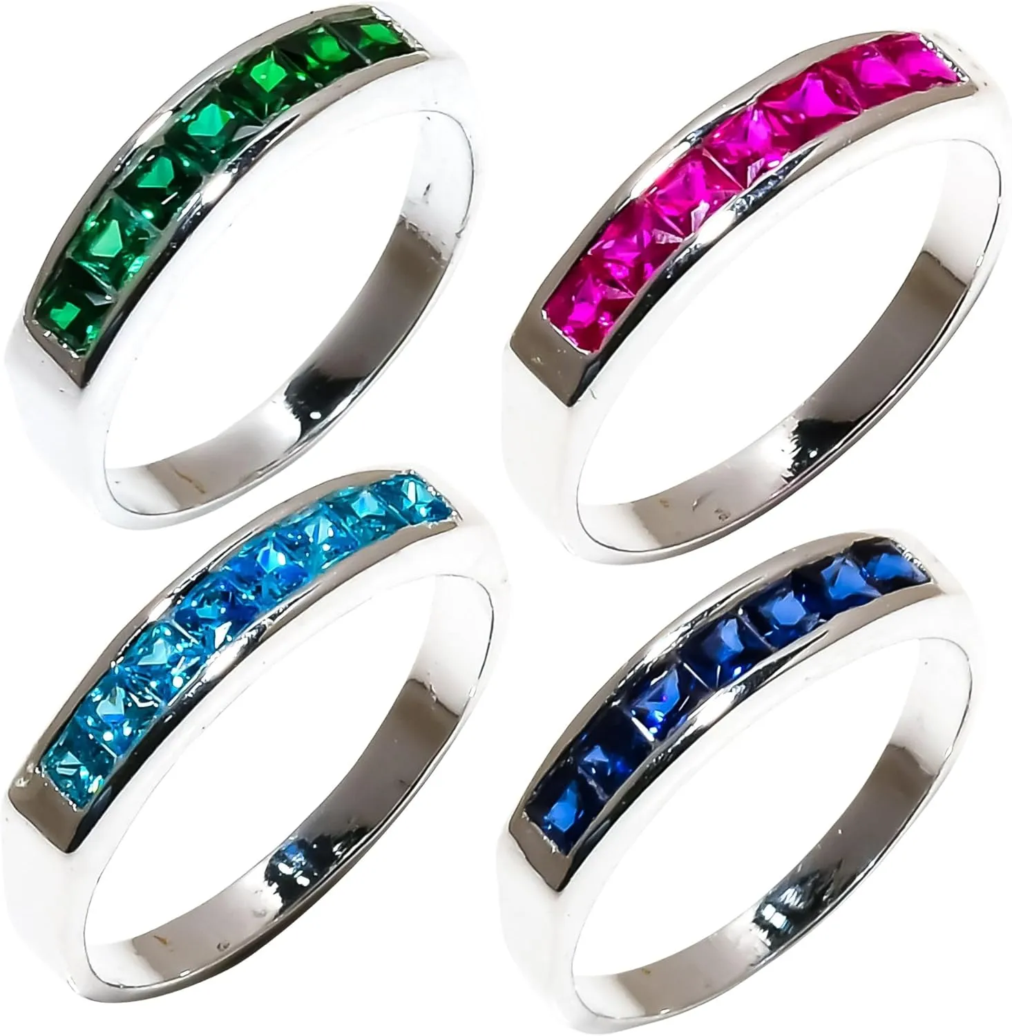 Jete Natural Tsavorite Rings for Women | 925 Sterling Silver Eternity Gemstone Ring | Statement Stacking Band for Gift | 4x4 mm Baguette