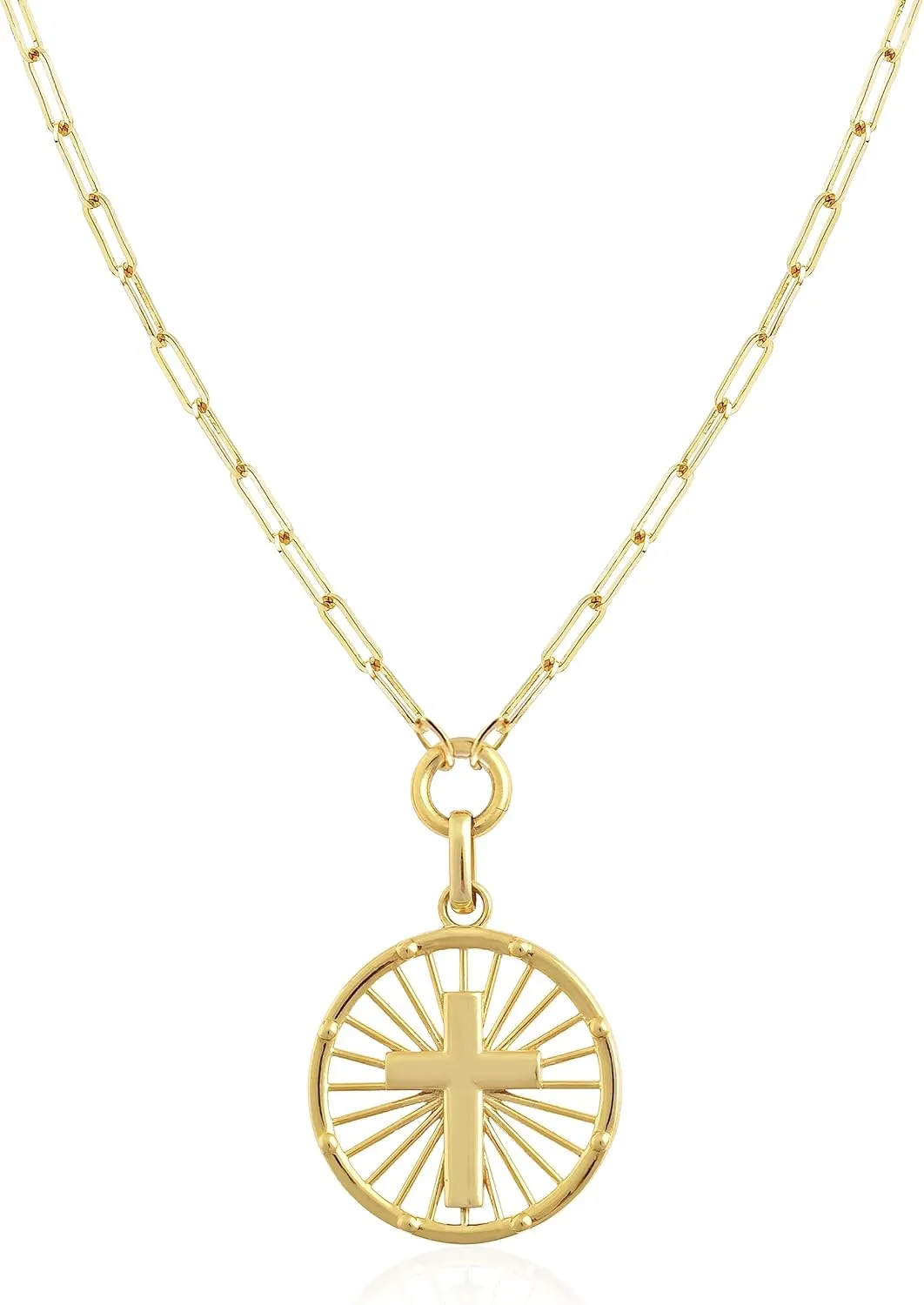 Jewelry Atelier Gold Filled Medallion Coin Necklaces for Women 14K Gold Filled Necklace with Adjustable Length Water/Tarnish Resistant, Statement Necklace Gold Necklace Round Pendant (Cross, 18 inch)