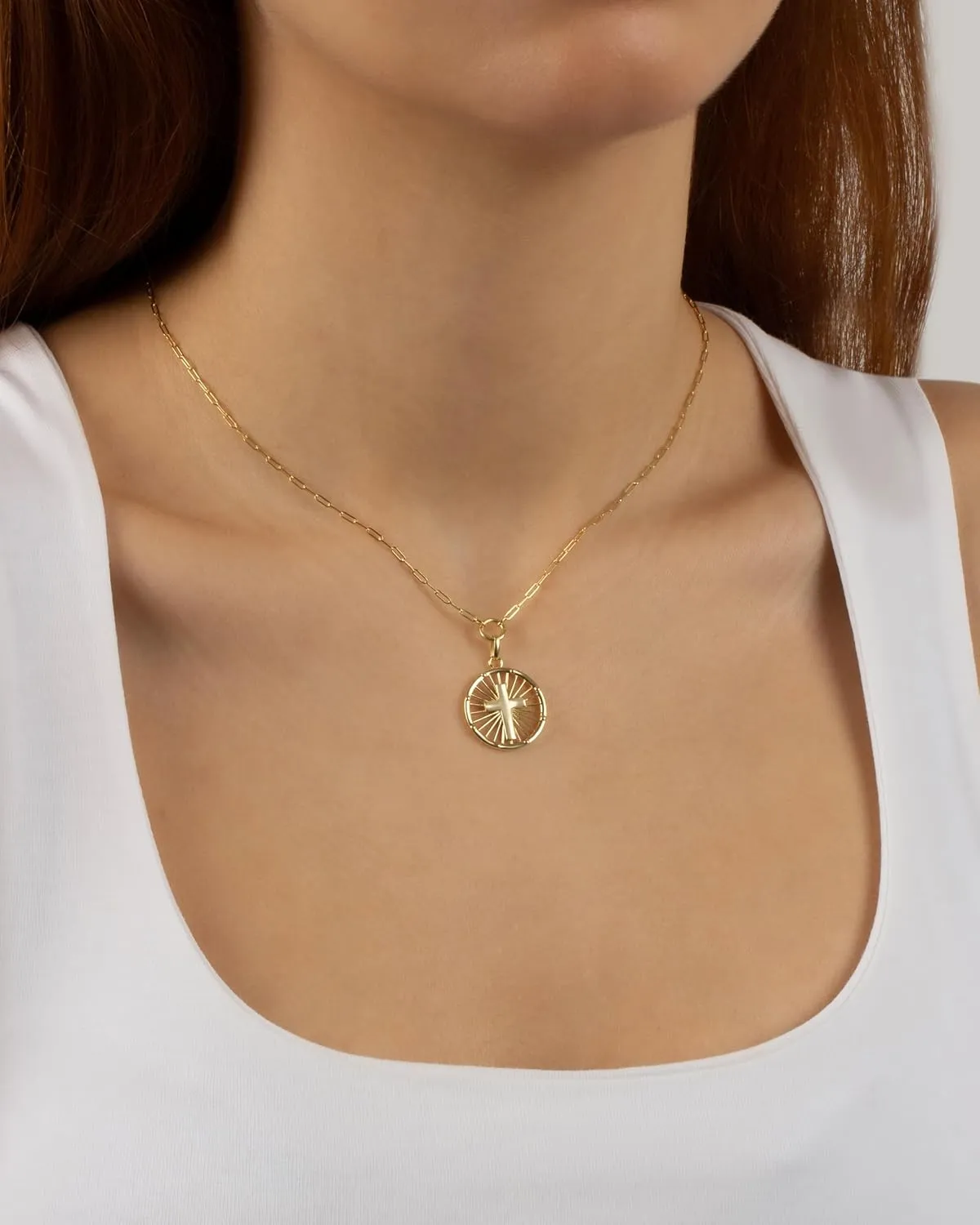 Jewelry Atelier Gold Filled Medallion Coin Necklaces for Women 14K Gold Filled Necklace with Adjustable Length Water/Tarnish Resistant, Statement Necklace Gold Necklace Round Pendant (Cross, 18 inch)