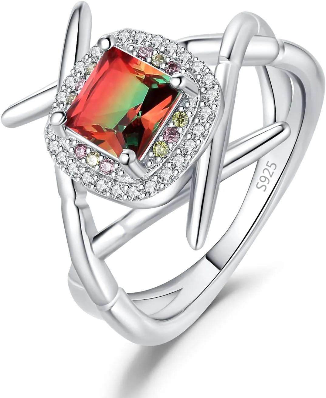 JewelryPalace Chopsticks Sushi 1.2ct Nano Simulated Watermelon Tourmaline Cocktail Rings for Women, 14k White Gold Plated 925 Sterling Silver Rings for Her, Multicolor Gemstone Jewelry Sets for Women