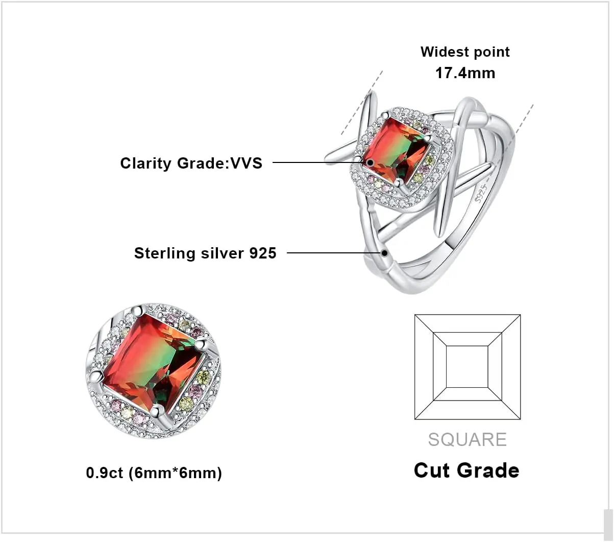 JewelryPalace Chopsticks Sushi 1.2ct Nano Simulated Watermelon Tourmaline Cocktail Rings for Women, 14k White Gold Plated 925 Sterling Silver Rings for Her, Multicolor Gemstone Jewelry Sets for Women