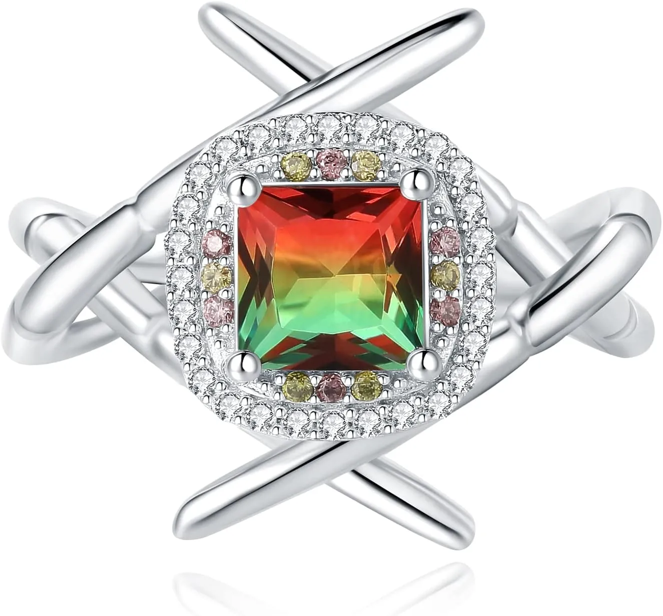 JewelryPalace Chopsticks Sushi 1.2ct Nano Simulated Watermelon Tourmaline Cocktail Rings for Women, 14k White Gold Plated 925 Sterling Silver Rings for Her, Multicolor Gemstone Jewelry Sets for Women