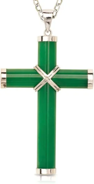 JewelryWeb - 925 Sterling Silver 18" Extra Large Green Jade Cross Pendant Necklace ?C 35mm x 60mm ?C Religious Christian Jade Jewelry ?C Good Luck Cross Charm for Men