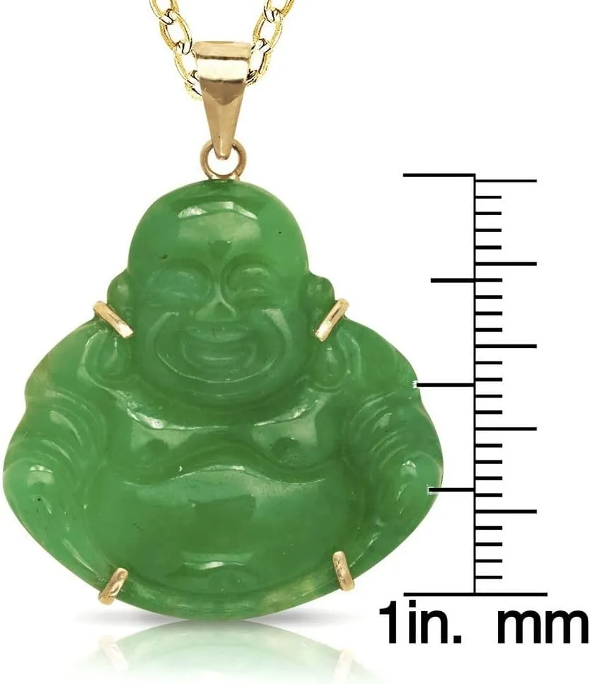 JewelryWeb - Solid 14k Yellow Gold 18" Natural Jade or Onyx Carved Laughing Buddha Pendant Necklace - 24mm x 30mm - Good Luck Necklace for Women
