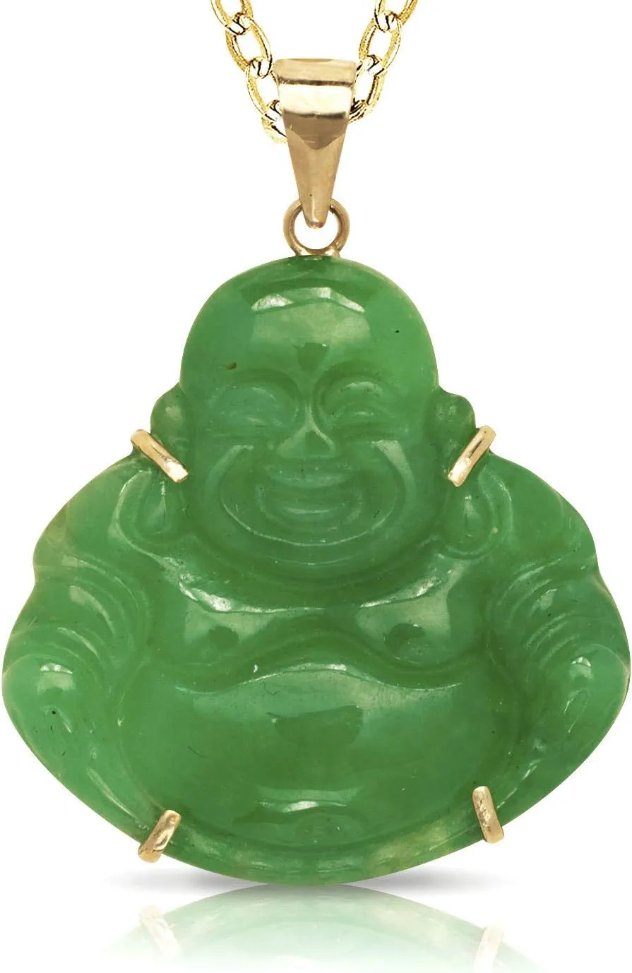 JewelryWeb - Solid 14k Yellow Gold 18" Natural Jade or Onyx Carved Laughing Buddha Pendant Necklace - 24mm x 30mm - Good Luck Necklace for Women