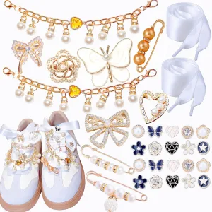 Junk Socks Charms Kit, Gold Charms for Socks, Brooches and Pins for Women, ShoeCharms with Bows, Sneakers DIY Kit with Pearls Rhinestones Chains