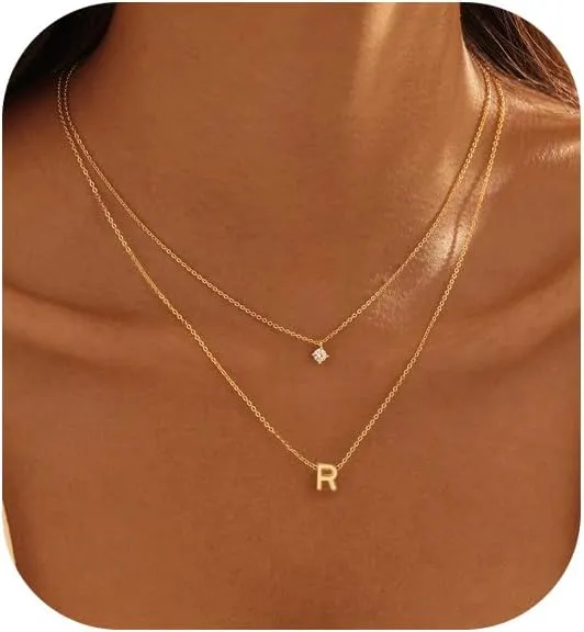 Layered Initial Necklaces for Women, 14k Gold Plated Cute Letter Necklace Dainty Gold Initial Necklace Stack Personalized Name Choker Charm Gold Necklaces for Women Trendy Fashion Jewelry