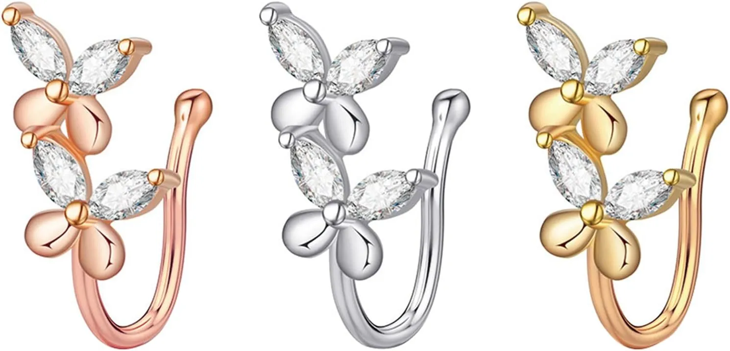 LIFKOME 3Pcs Non Piercing Nose Clips Stylish Butterflies Fake Nose Rings for Women No Piercing Required Fashionable Adornments
