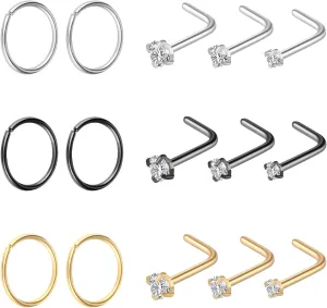 Lusofie Nose Rings Hoops L-shaped Nose Studs Set 15Pcs 22G 20G 18G Stainless Steel CZ Nose Ring Studs Piercing Jewelry for Women Men(Silver, Gold, Black)