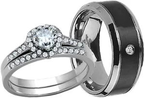 MABELLA His Hers Couple Rings Women's Stainless Steel Heart Cut AAA Cubic Zirconia Wedding Engagement Ring Bridal Sets & Men's Black Titanium Matching Band,Women's Size 8 Men's Size 10