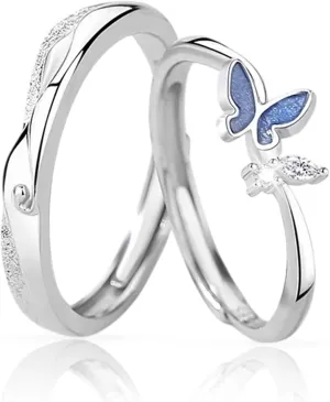 Matching Rings for Couples Set with 2 Rings Sterling Silver Matching Ocean Butterfly Promise Rings Cubic Zirconia Adjustable Romantic Couples Rings for His and Her Valentine's Day Gift