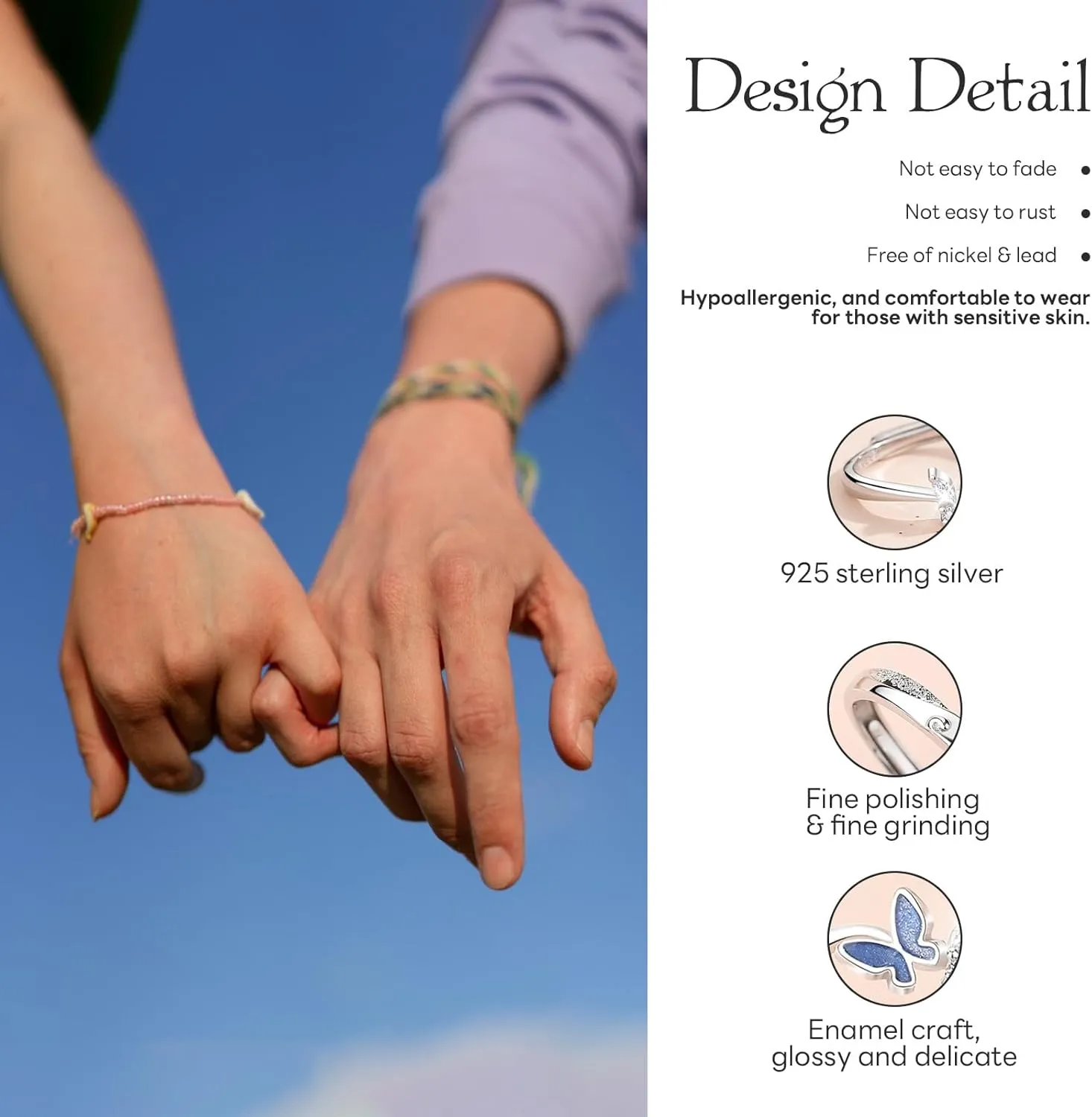Matching Rings for Couples Set with 2 Rings Sterling Silver Matching Ocean Butterfly Promise Rings Cubic Zirconia Adjustable Romantic Couples Rings for His and Her Valentine's Day Gift