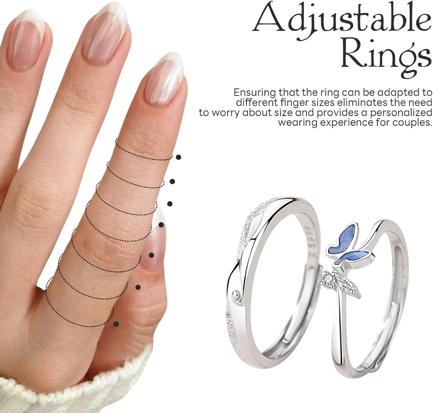 Matching Rings for Couples Set with 2 Rings Sterling Silver Matching Ocean Butterfly Promise Rings Cubic Zirconia Adjustable Romantic Couples Rings for His and Her Valentine's Day Gift