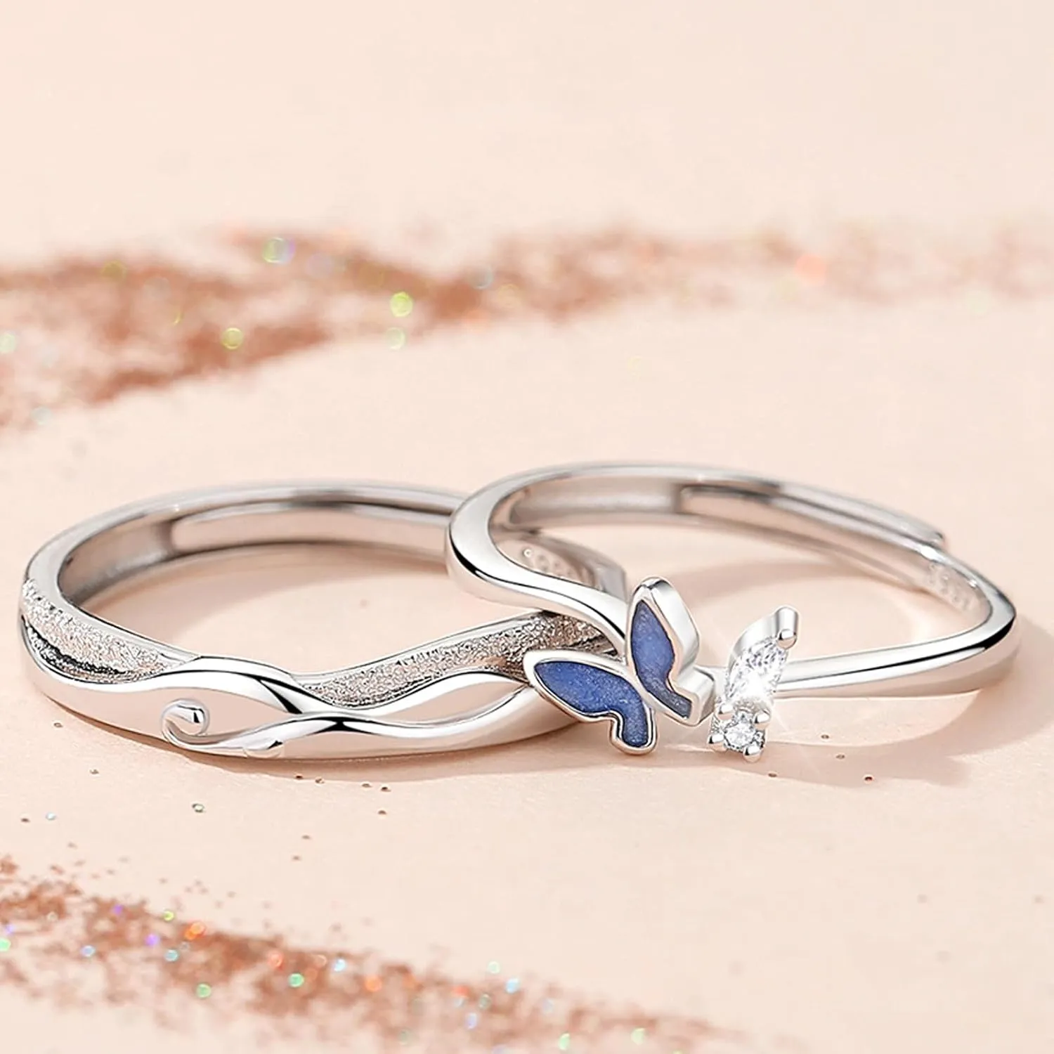 Matching Rings for Couples Set with 2 Rings Sterling Silver Matching Ocean Butterfly Promise Rings Cubic Zirconia Adjustable Romantic Couples Rings for His and Her Valentine's Day Gift