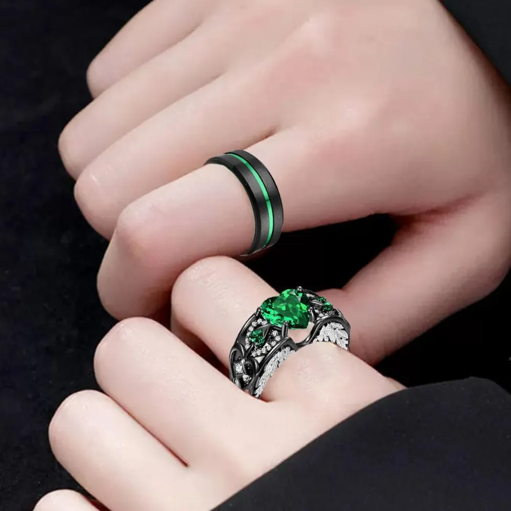 Matching Wedding Rings for Couples Set Promise Rings for Him and Her Customizable Emerald Green Engagement Rings for Women Mens Wedding Ring Tungsten Engraved Valentine's Day Jewelry Gift