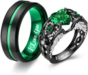 Matching Wedding Rings for Couples Set Promise Rings for Him and Her Customizable Emerald Green Engagement Rings for Women Mens Wedding Ring Tungsten Engraved Valentine's Day Jewelry Gift