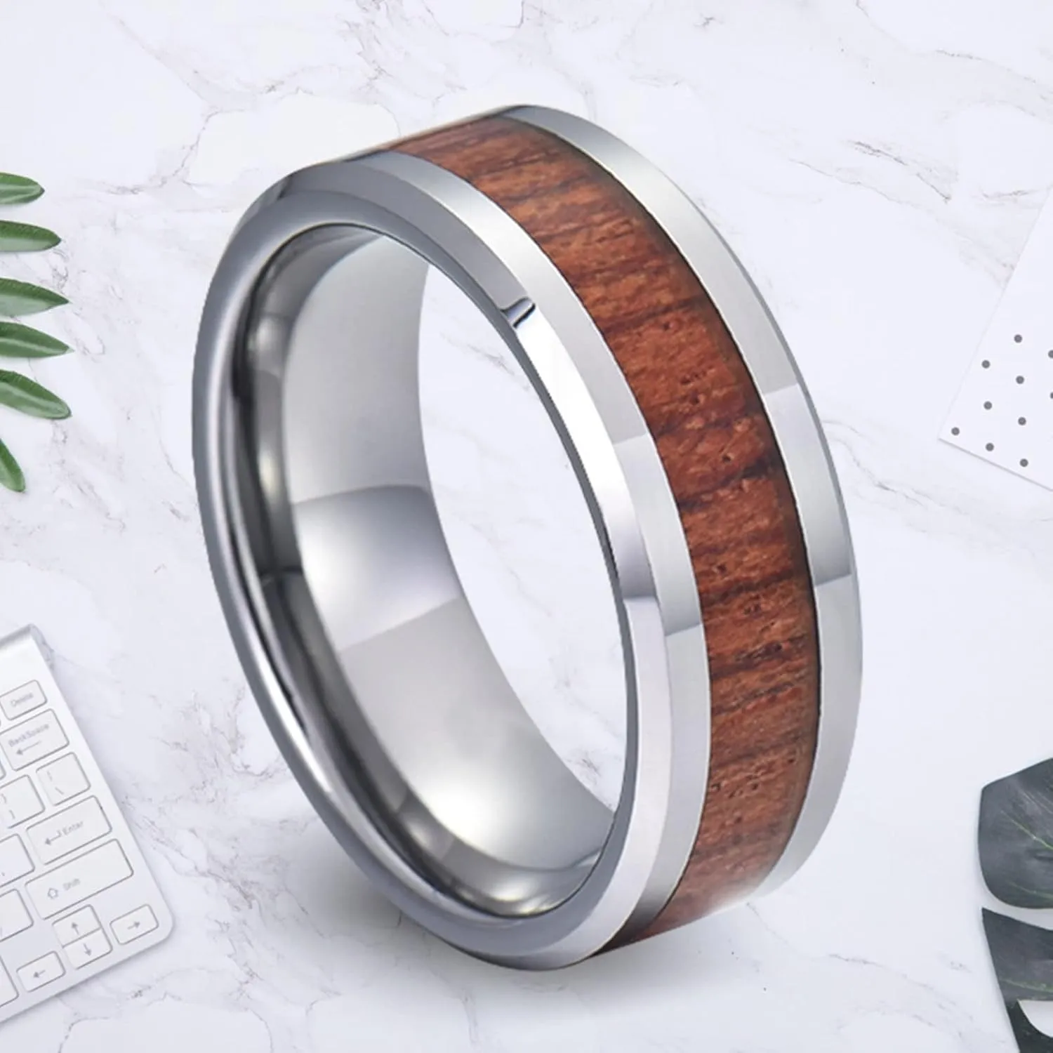 Men's Rings Silver, Stainless Steel Rings 8mm Silver Wooden Ring Beveled Edge Valentine's Day Couple Rings