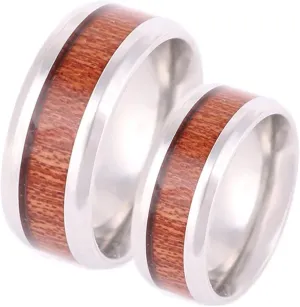Men's Rings Silver, Stainless Steel Rings for Women 8mm Silver Ring Inlay Wood Engagement Couple Rings