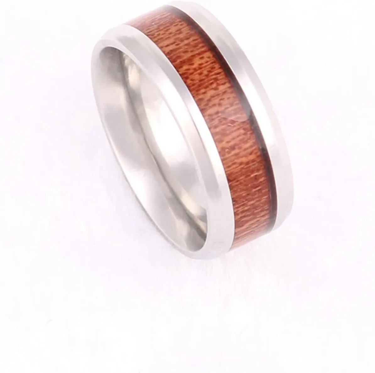 Men's Rings Silver, Stainless Steel Rings for Women 8mm Silver Ring Inlay Wood Engagement Couple Rings