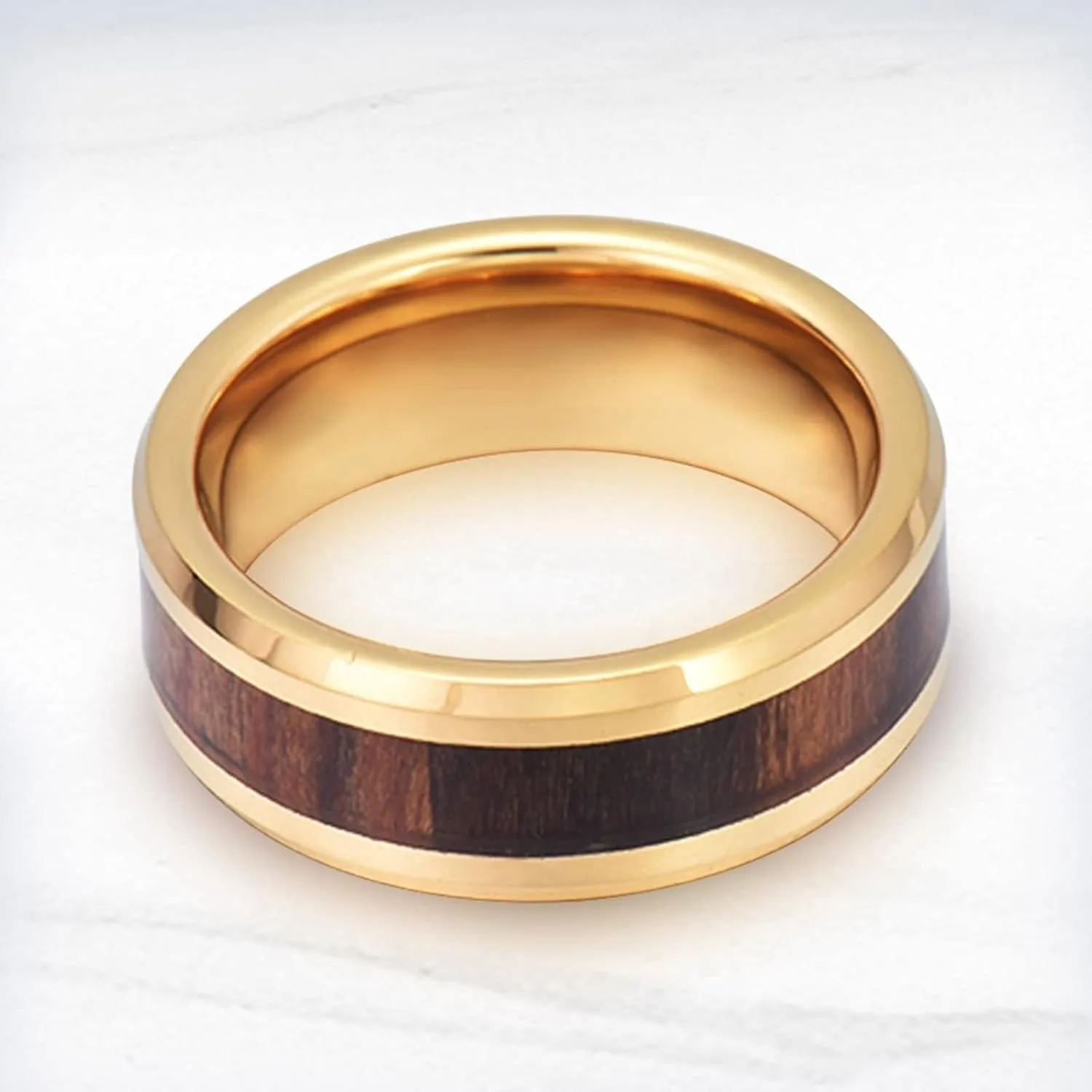 Men's Wedding Rings, Men Rings Stainless Steel 8mm Gold Wooden Ring Beveled Edge Engagement Couple Rings