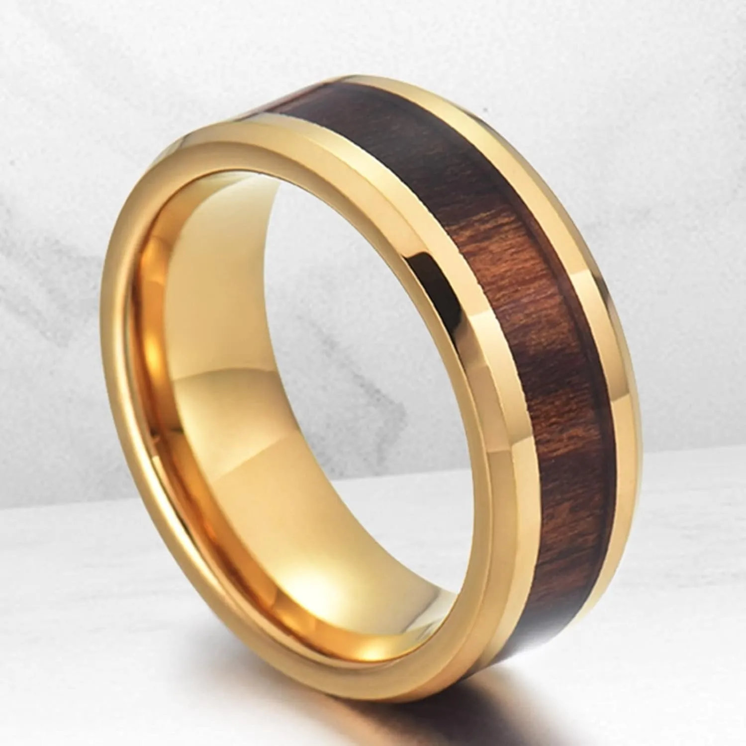 Men's Wedding Rings, Men Rings Stainless Steel 8mm Gold Wooden Ring Beveled Edge Engagement Couple Rings