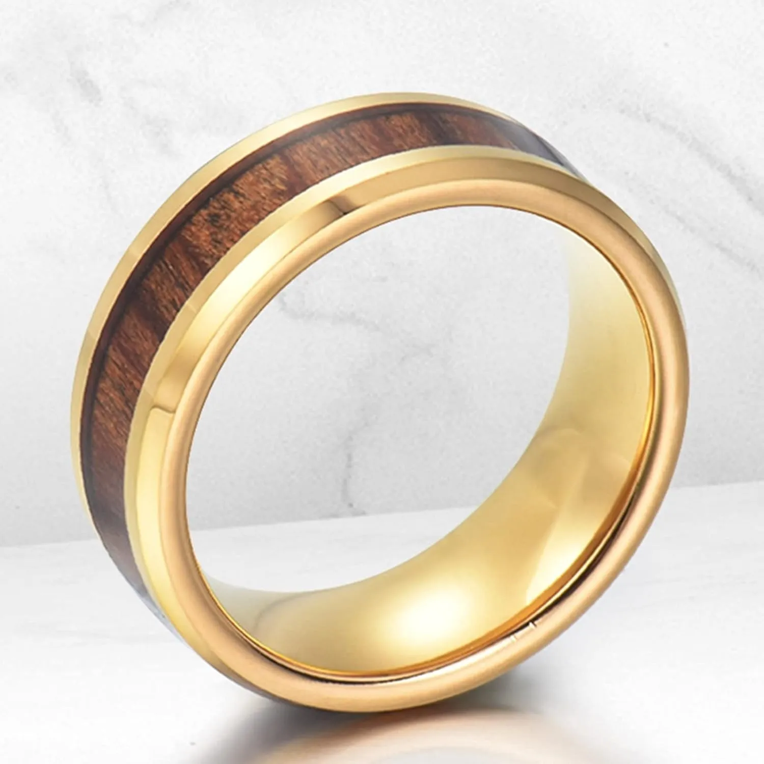 Men's Wedding Rings, Men Rings Stainless Steel 8mm Gold Wooden Ring Beveled Edge Engagement Couple Rings