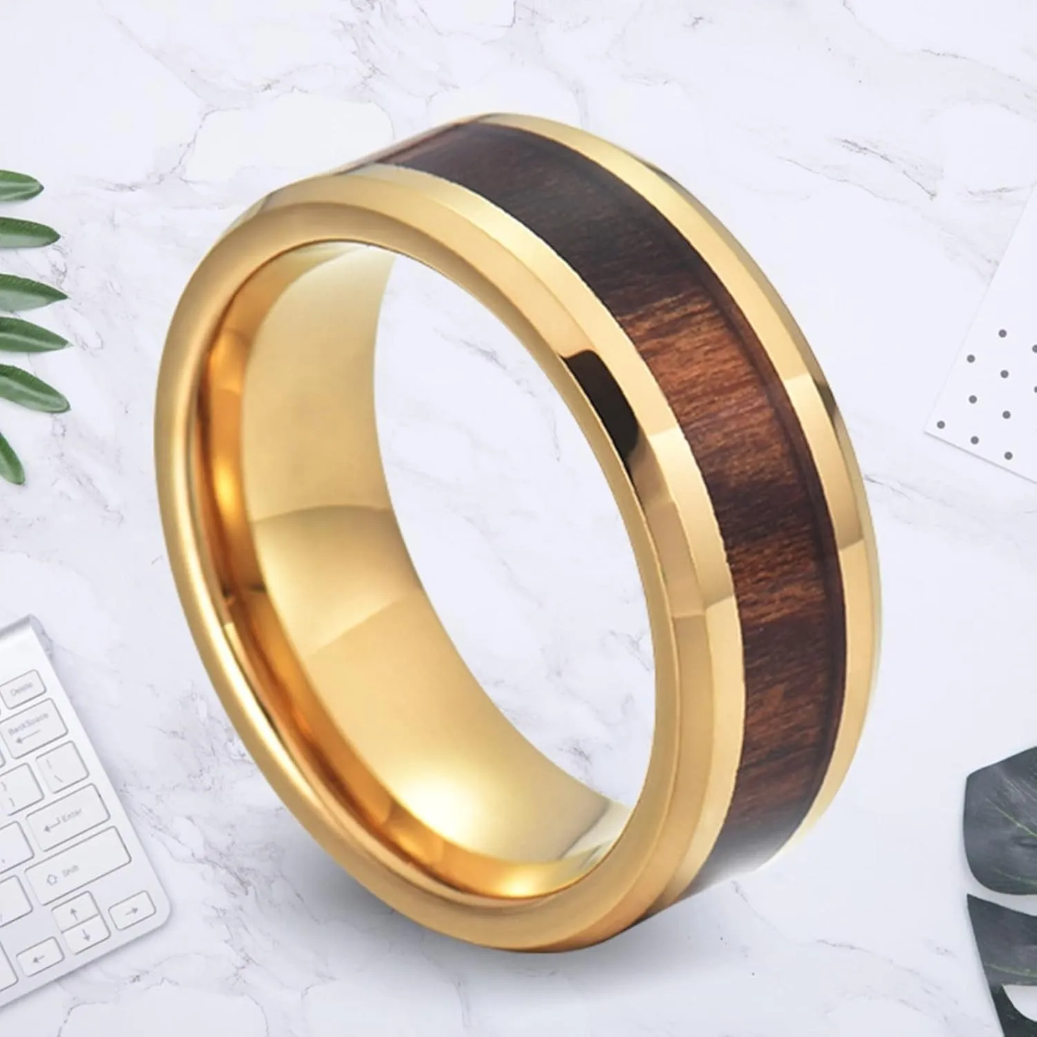 Men's Wedding Rings, Men Rings Stainless Steel 8mm Gold Wooden Ring Beveled Edge Engagement Couple Rings
