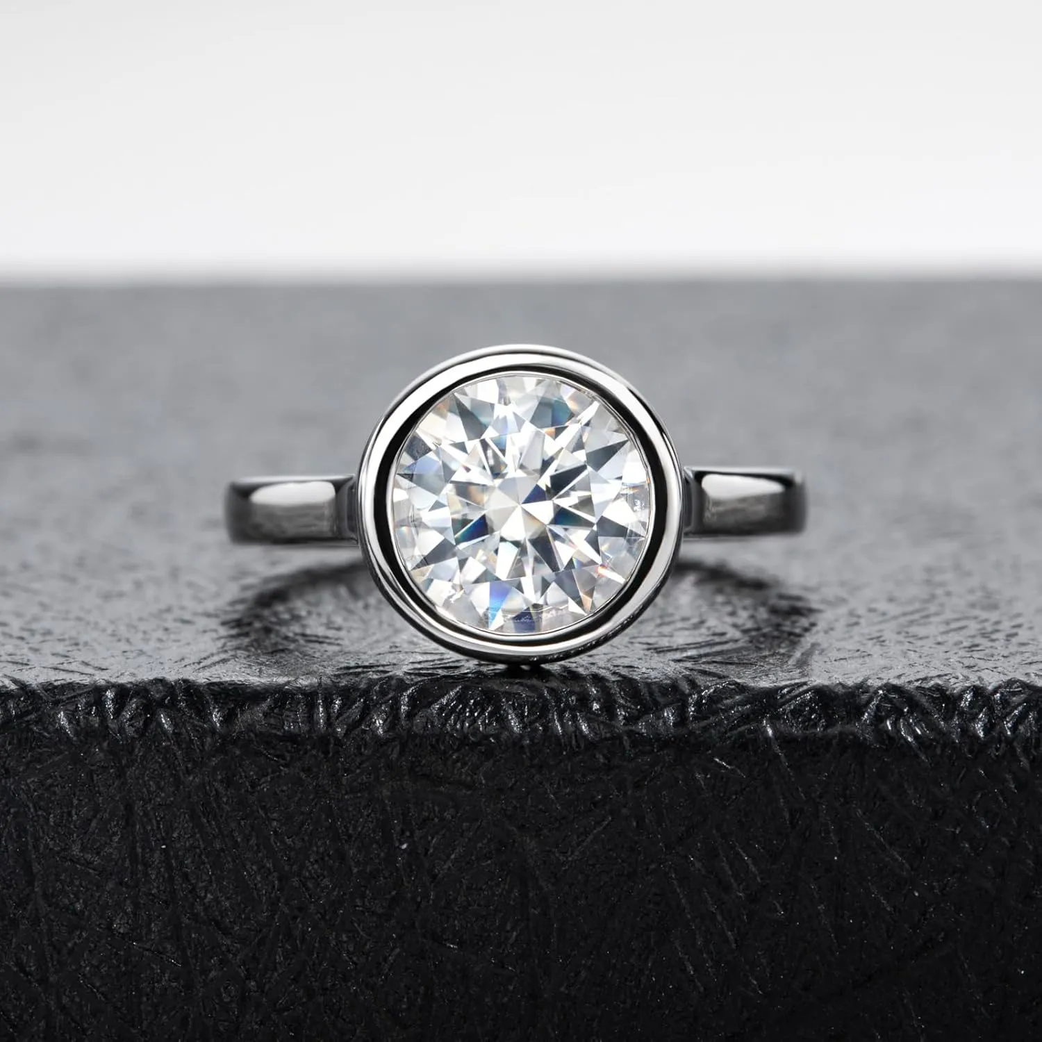 Moissanite Engagement Rings, 1/2/3 CT Bezel Setting Round Lab Created Diamond Solitaire Promise Rings in 14K White Gold Plated Sterling Silver, Anniversary Rings for Women