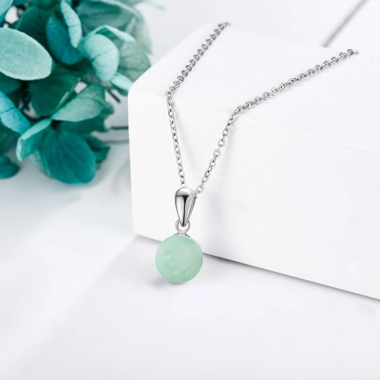 Moss Agate/Amethyst/Rose Quartz/Jade/Larimar/Opal Necklace Sterling Silver Natural Gemstone Ball Pendant Necklace Gemstone Jewelry for Women