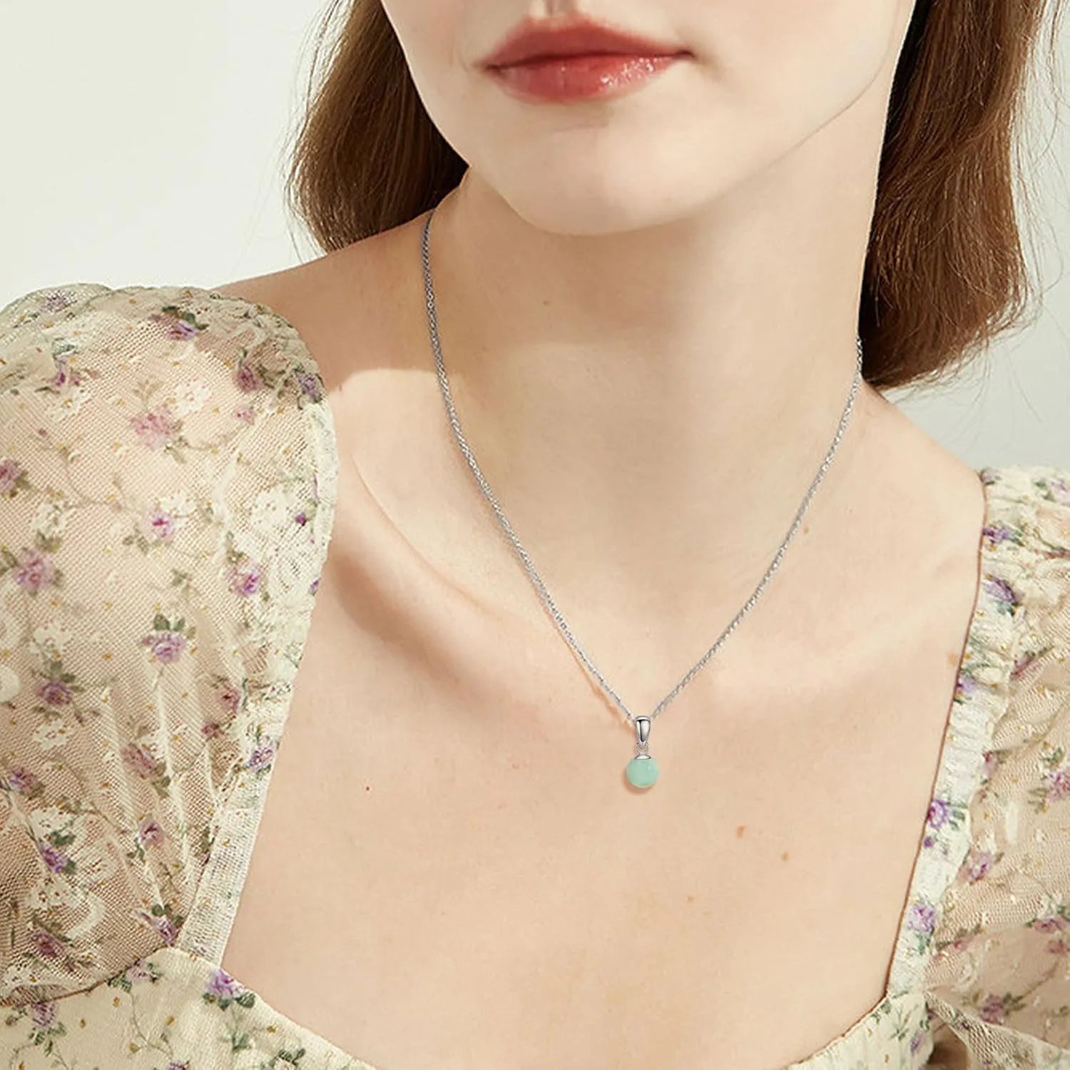 Moss Agate/Amethyst/Rose Quartz/Jade/Larimar/Opal Necklace Sterling Silver Natural Gemstone Ball Pendant Necklace Gemstone Jewelry for Women