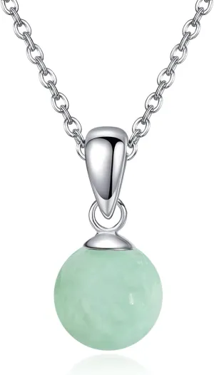 Moss Agate/Amethyst/Rose Quartz/Jade/Larimar/Opal Necklace Sterling Silver Natural Gemstone Ball Pendant Necklace Gemstone Jewelry for Women