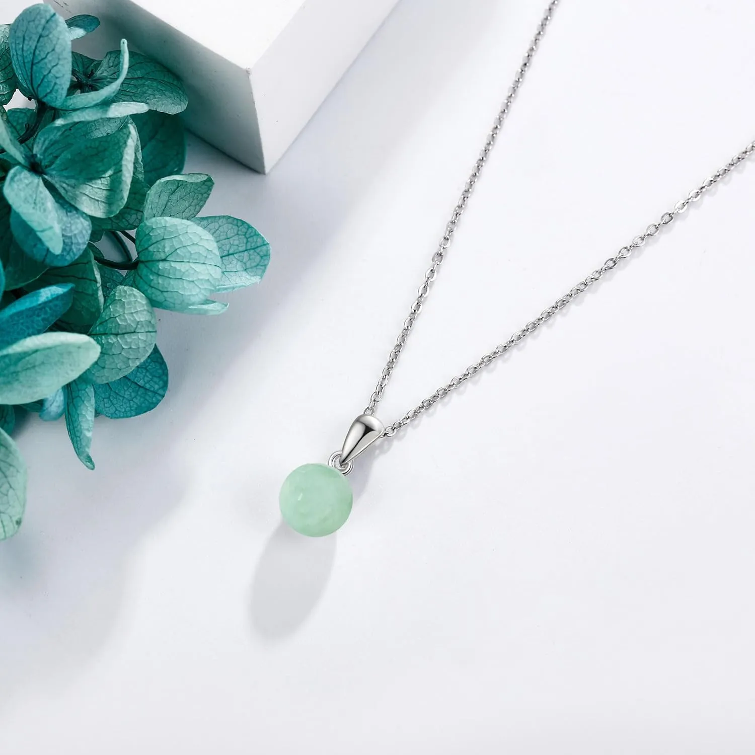 Moss Agate/Amethyst/Rose Quartz/Jade/Larimar/Opal Necklace Sterling Silver Natural Gemstone Ball Pendant Necklace Gemstone Jewelry for Women