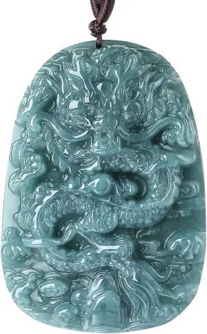 Natural Green Jade Dragon Pendant Necklace for Men Genuine Certified Grade A Jadeite Double Side Hand-Carved Delicate Jade Dragon Jewelry with Rope Bring Peace and Good Luck