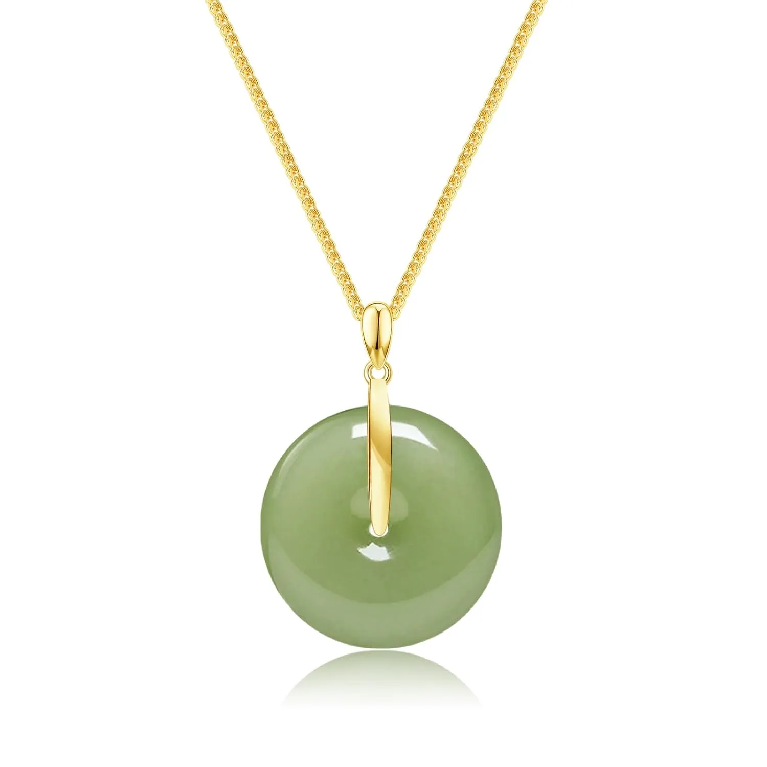 Natural Hetian Jade Pendant Safe Buckle Necklace, Green Donuts Jade 25mm Jade Charm Pendant Adjustable Choker Necklaces, Lucky Gift for Mom Lover Her (925 Sterling Silver with Gold Plated)