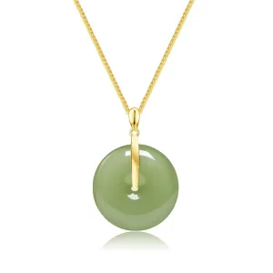 Natural Hetian Jade Pendant Safe Buckle Necklace, Green Donuts Jade 25mm Jade Charm Pendant Adjustable Choker Necklaces, Lucky Gift for Mom Lover Her (925 Sterling Silver with Gold Plated)