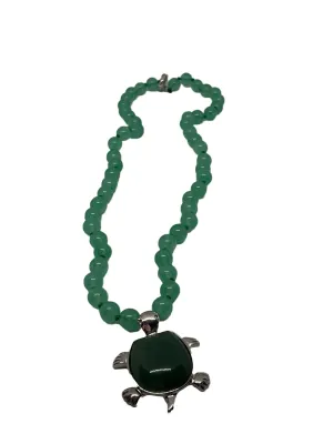 Natural Jade Gemstone Turtle Pendant on Round Bead Necklace