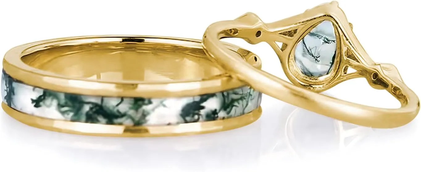 Natural Moss Agate Wedding Rings for Couple, S925 10K 14K 18K Gold Couple Rings Customized Green 2pcs Promise Bands Sets for Him and Her Bride for Anniversary Engagement Wedding