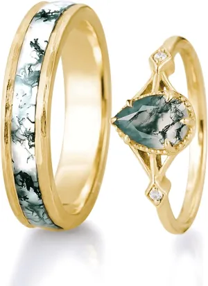 Natural Moss Agate Wedding Rings for Couple, S925 10K 14K 18K Gold Couple Rings Customized Green 2pcs Promise Bands Sets for Him and Her Bride for Anniversary Engagement Wedding