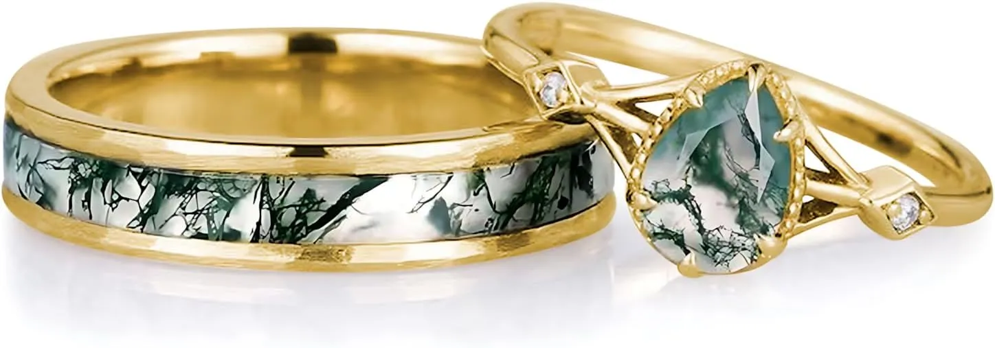 Natural Moss Agate Wedding Rings for Couple, S925 10K 14K 18K Gold Couple Rings Customized Green 2pcs Promise Bands Sets for Him and Her Bride for Anniversary Engagement Wedding