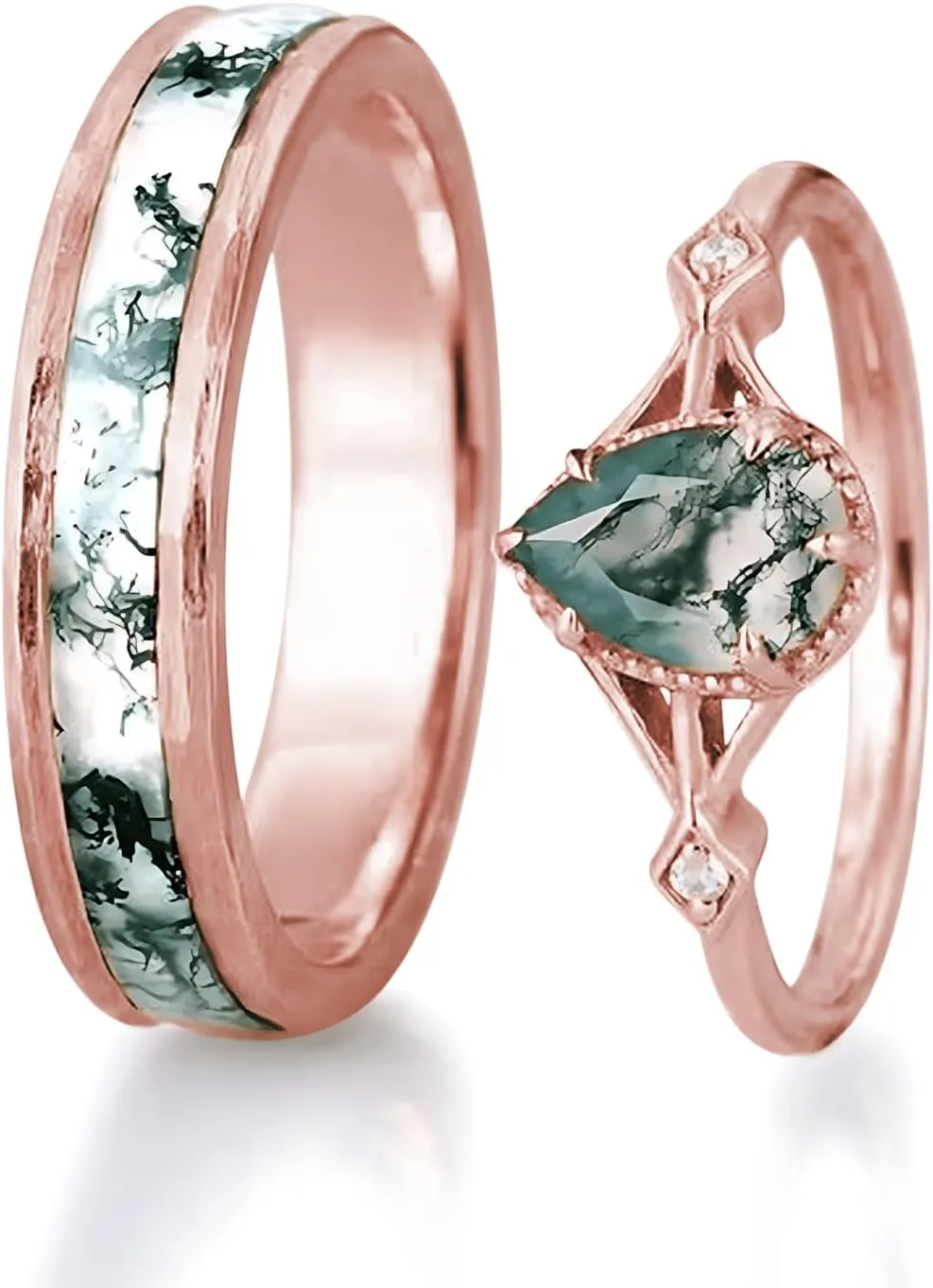 Natural Moss Agate Wedding Rings for Couple, S925 10K 14K 18K Gold Couple Rings Customized Green 2pcs Promise Bands Sets for Him and Her Bride for Anniversary Engagement Wedding