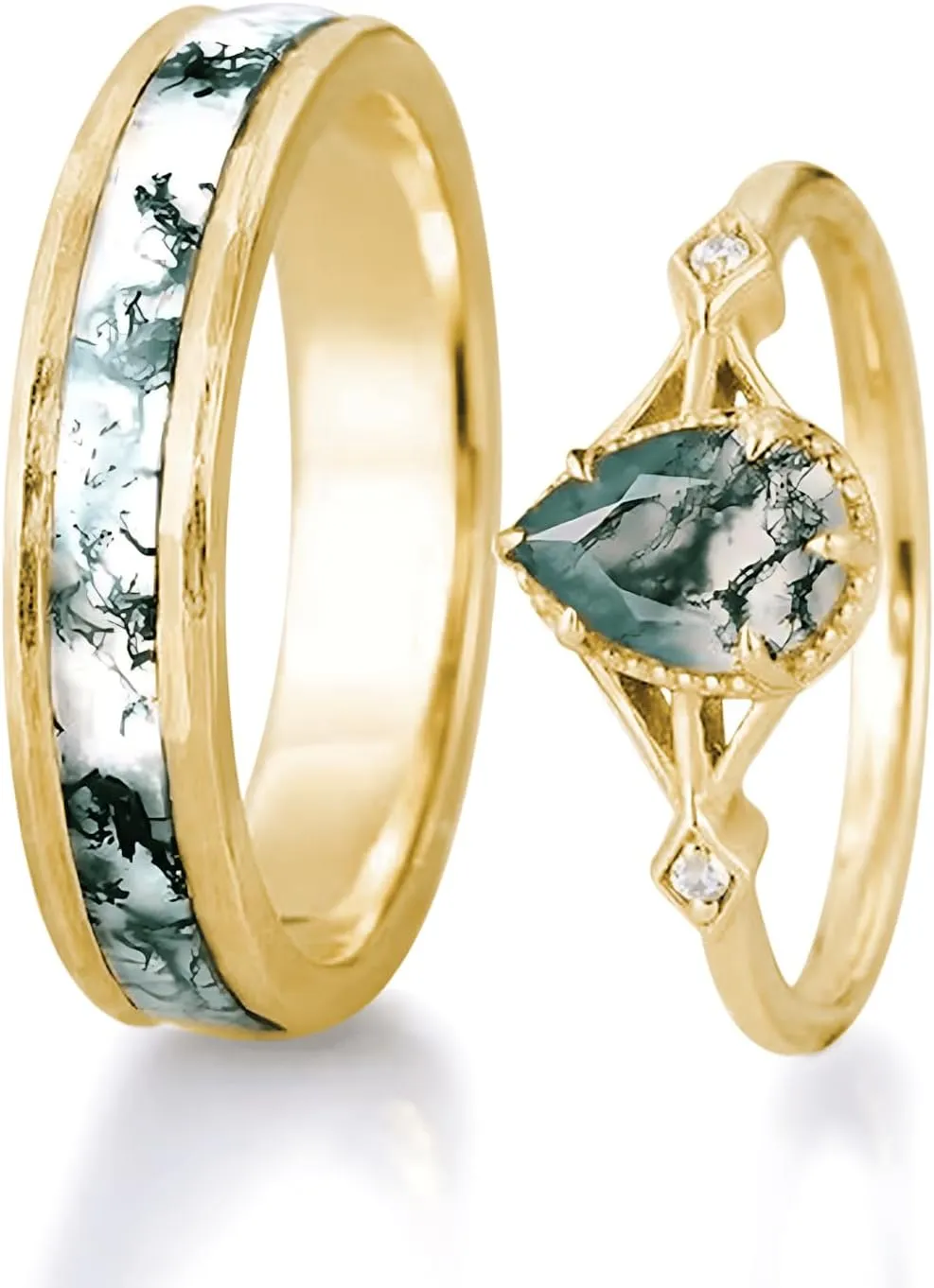 Natural Moss Agate Wedding Rings for Couple, S925 10K 14K 18K Gold Couple Rings Customized Green 2pcs Promise Bands Sets for Him and Her Bride for Anniversary Engagement Wedding