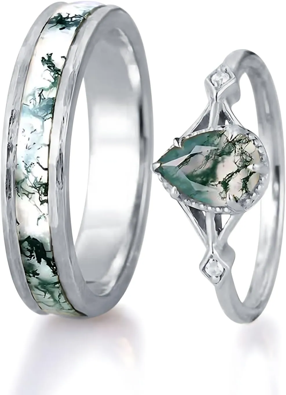 Natural Moss Agate Wedding Rings for Couple, S925 10K 14K 18K Gold Couple Rings Customized Green 2pcs Promise Bands Sets for Him and Her Bride for Anniversary Engagement Wedding