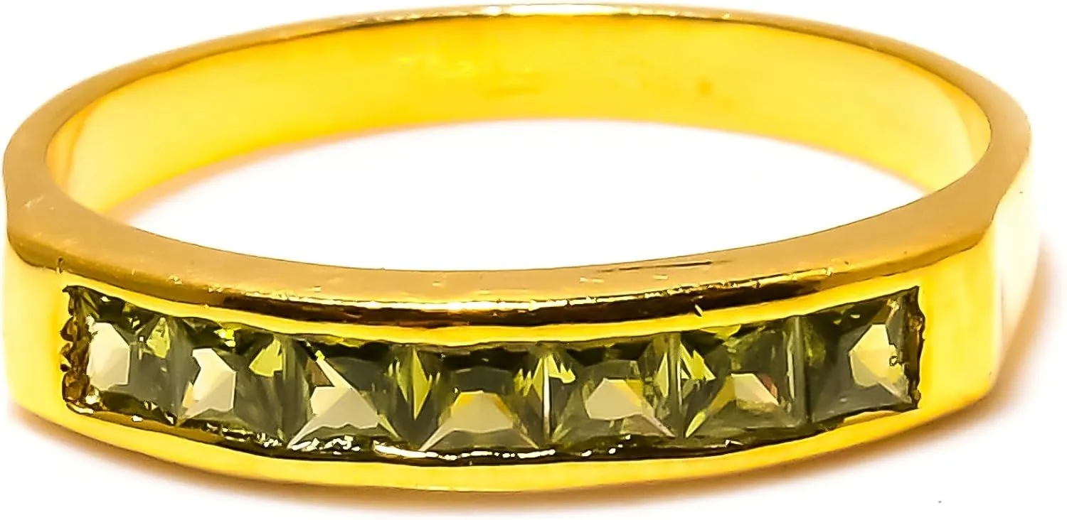 Natural Peridot Gemstone Statement Ring | 925 Sterling Silver Band for Womens | Gemstone Stacking Eternity Rings | Baguette 4x4 mm